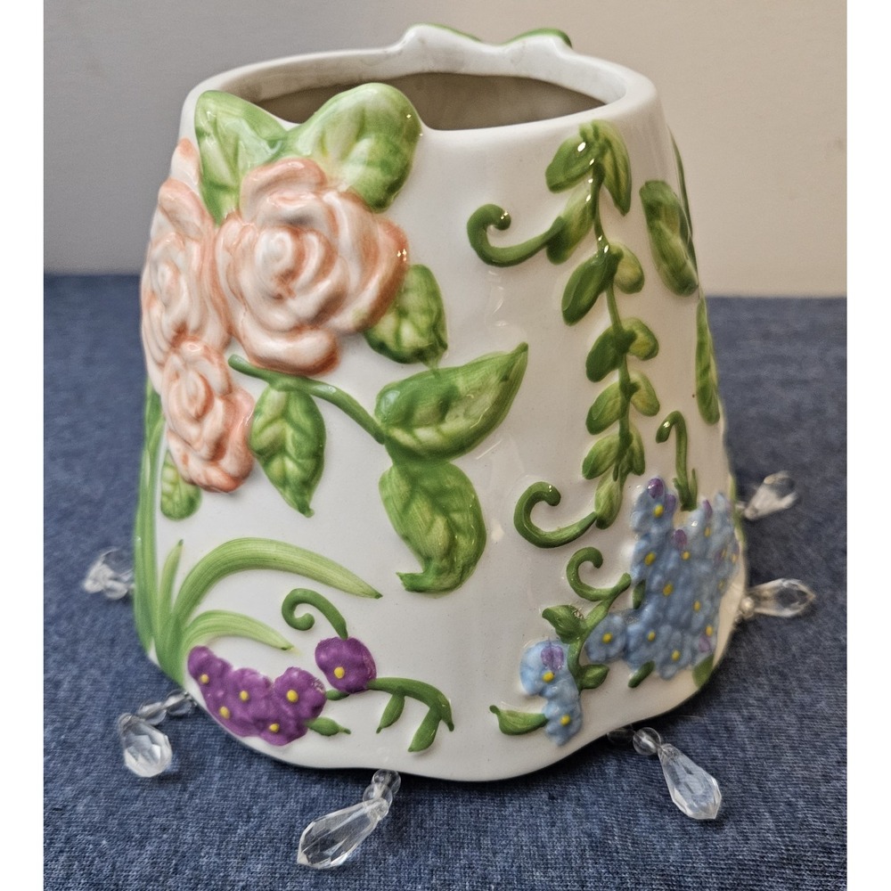 Home Interiors Floral Ceramic Candle Holder Hanging Crystal Prisms Cottage Decor